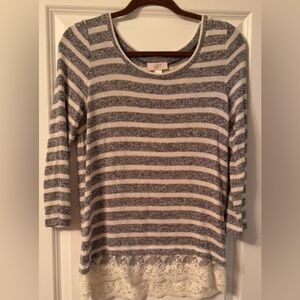 Striped Gray and Cream Top with Lace Hem
